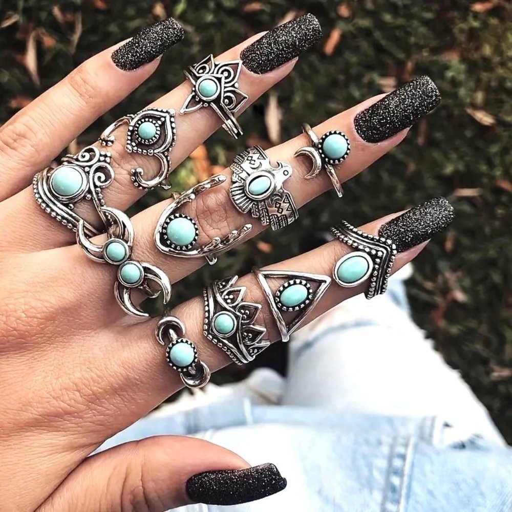 Rings Turquoise Silver Finger 11pc Gypsy Boho Hippie Stackable Trippy Stylish